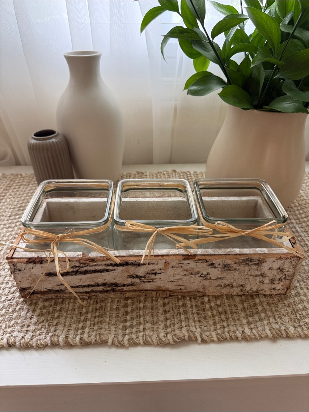 Rustic Birch Wood Tray with Three Clear Glass Holders - Natural